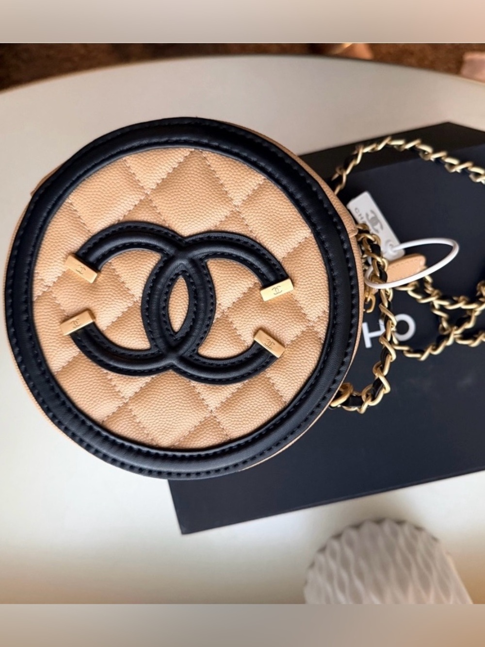 Chic Quilted Round Crossbody Bag - Beige and Black